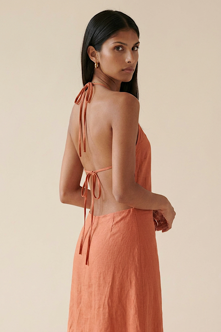 Woman wearing terracotta dress with thin straps against a beige background