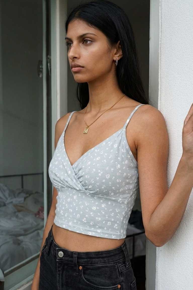 Woman wearing a light blue polka dot top and dark jeans, standing indoors.