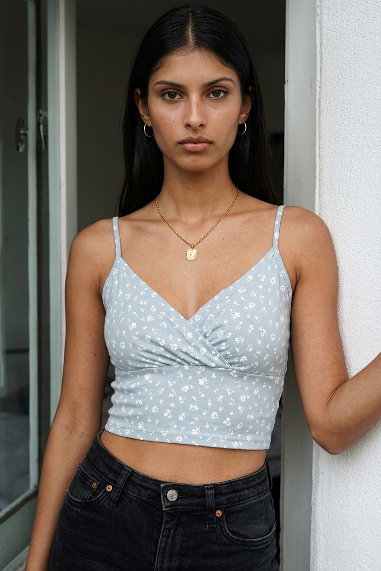 Woman wearing a light blue polka dot top and black pants indoors.
