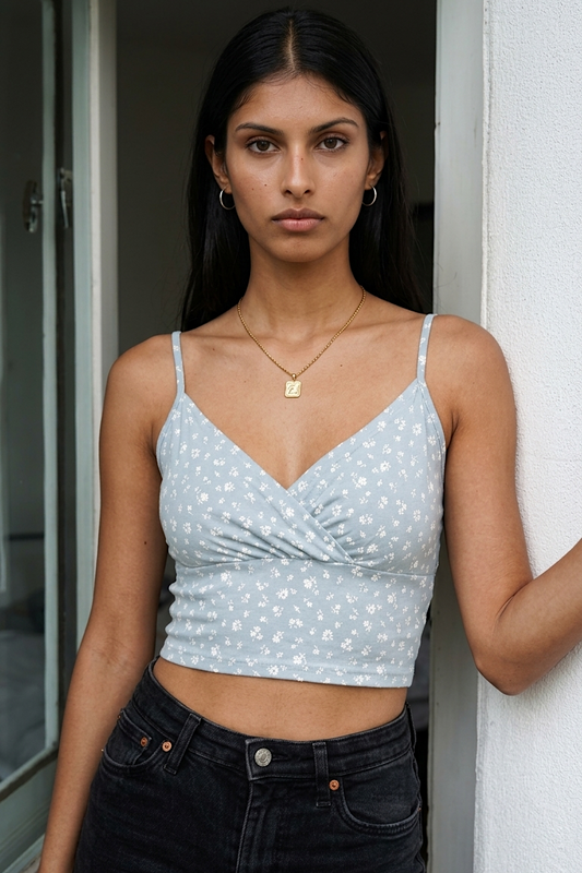 Woman wearing a light blue polka dot top and black pants indoors.