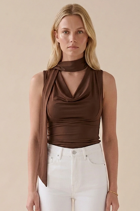 Woman wearing a brown sleeveless top with a knot detail and white pants on a beige background