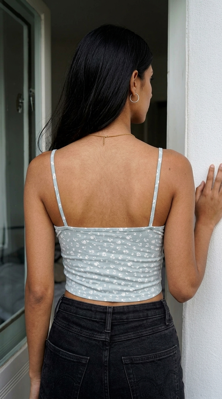 Woman wearing a light gray crop top with white patterns and dark pants, standing indoors.