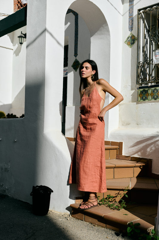 teracotta midi linen dress with open back